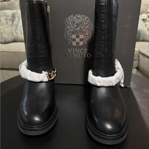 Vince Camuto Black Boots with Gold Chain Detail